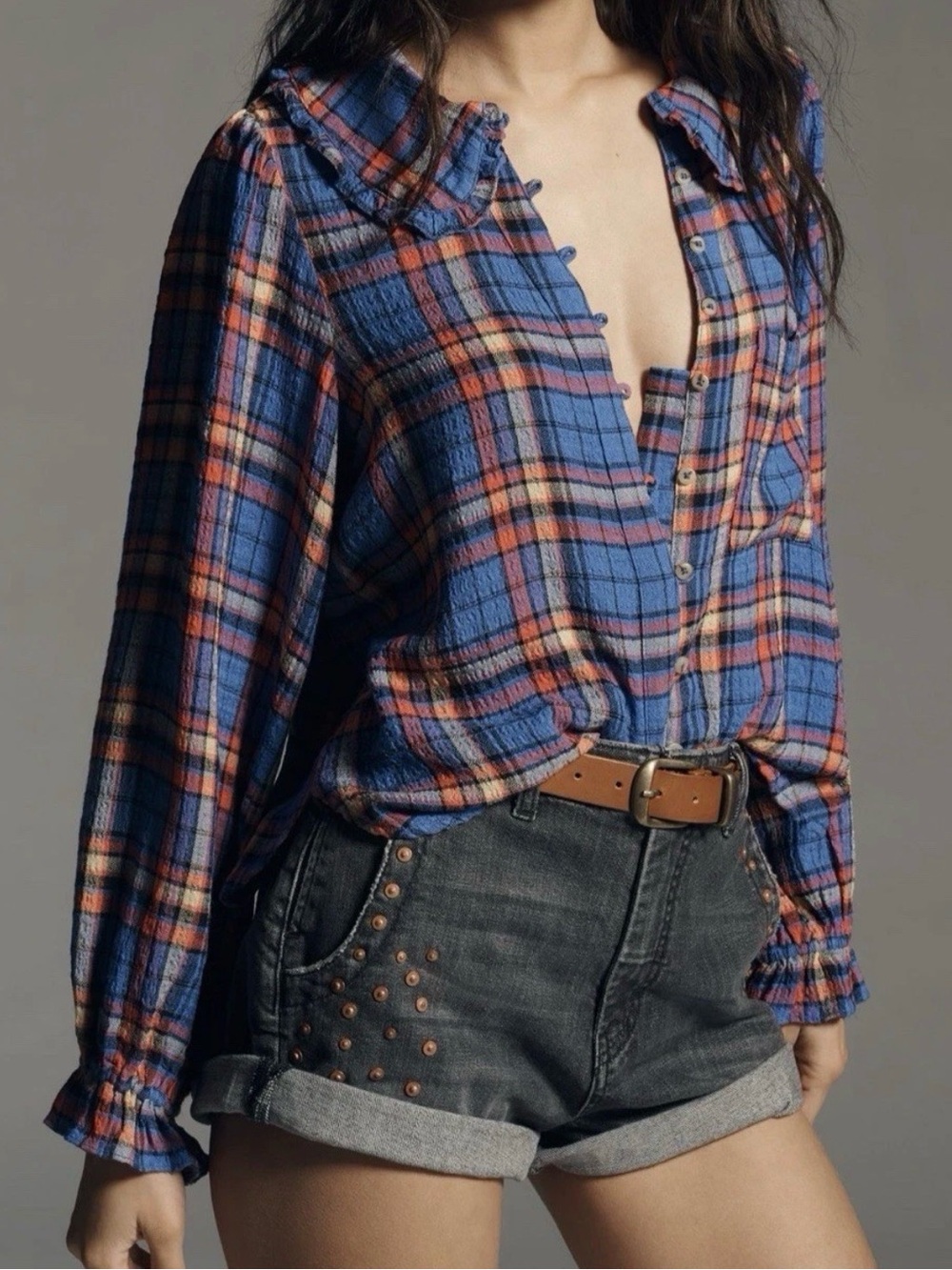 Anthropologie Kiera Long Sleeve Plaid Ruffle Peter Pan Collar Blouse Pilcro XL